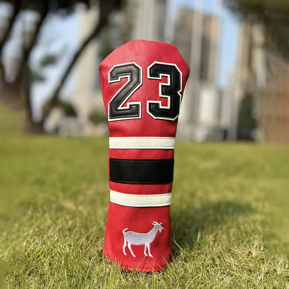 Set of PU golf club head covers in various colours including red, black, white, and yellow sleeves for woods and a square putter
