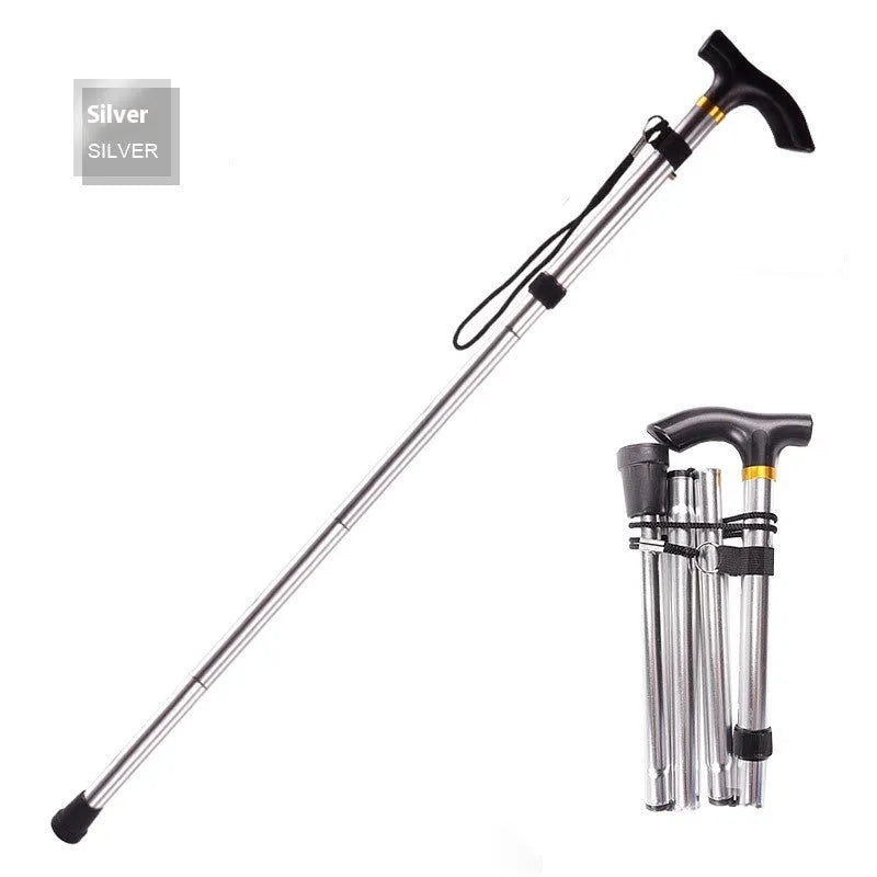 Aluminium folding walking stick with adjustable telescopic shaft and non-slip handle, shown in a selection of colours.