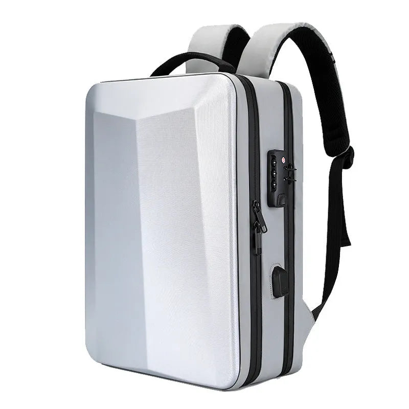 Black and silver white waterproof ABS PC business backpack with Oxford cloth panels and curved shoulder straps