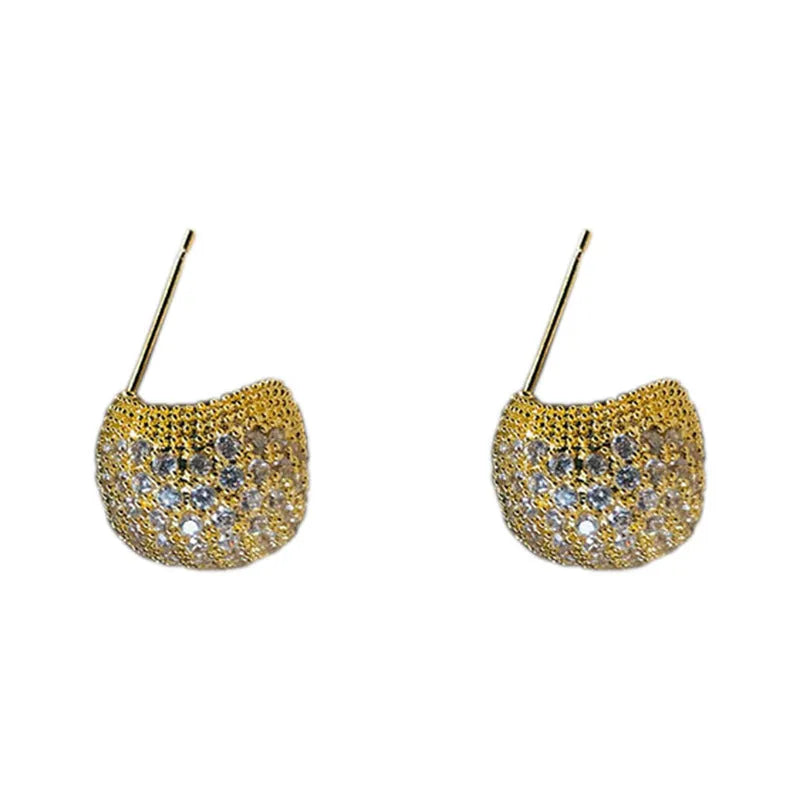 Gold and white geometric drop earrings with sphere elements and crystal embellishments