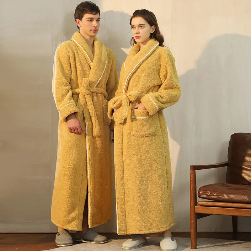 Thick flannel couple's bathrobe set in winter colours like Angola red and navy blue, shown in M size.