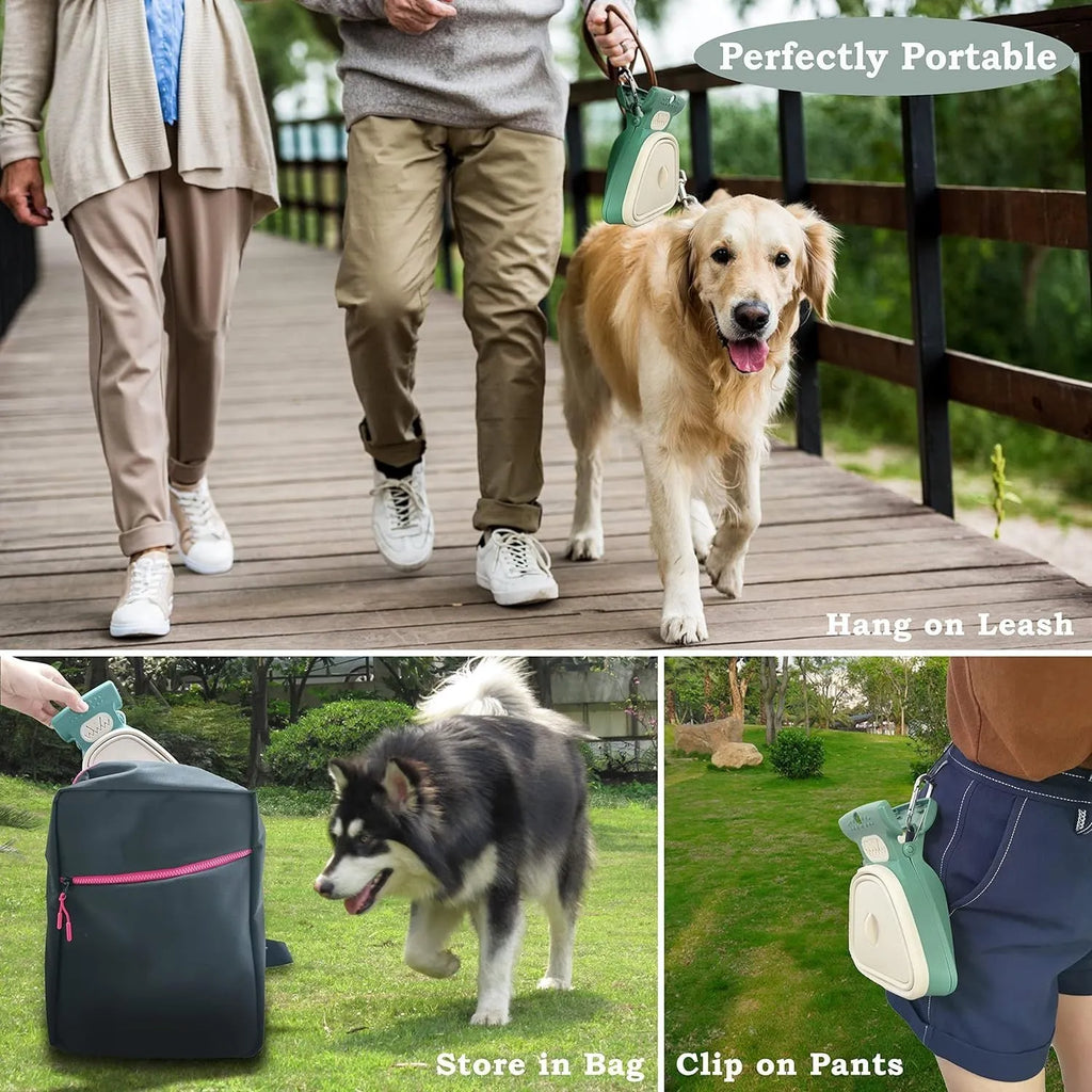 Blue handheld dog poop scooper with expandable container and integrated bag dispenser, shown with a carabiner clip.