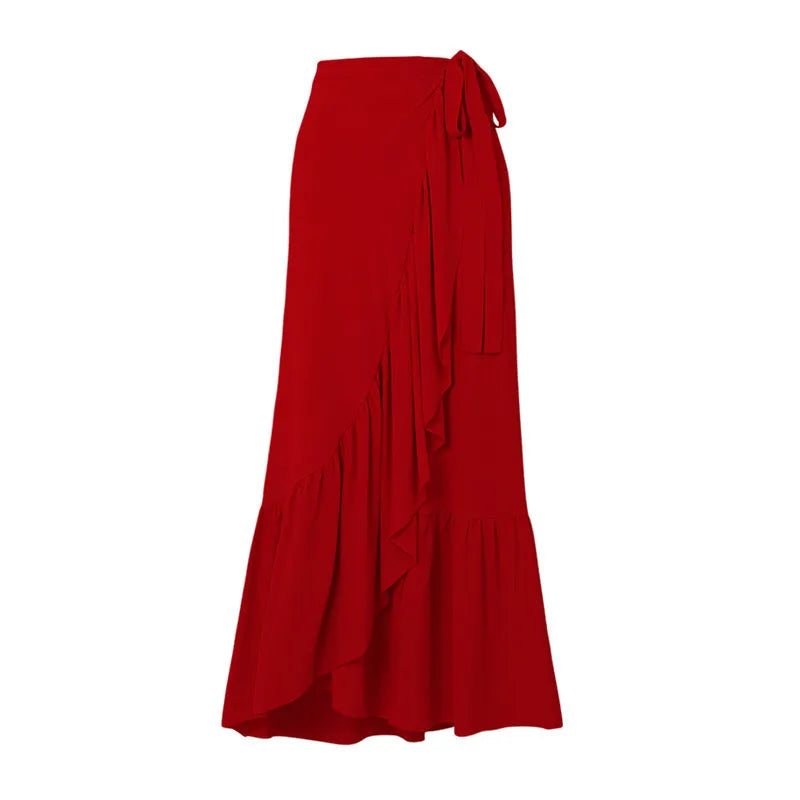 Red V-neck one-piece swimsuit with detachable skirt and open back for women
