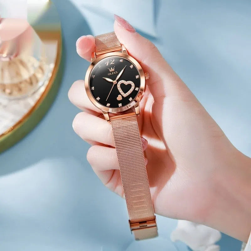 Women's mesh strap watch with alloy case and rose shell dial, 36mm diameter