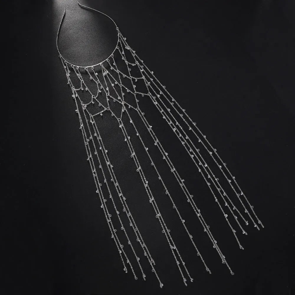 Gold rhinestone mesh headband with decorative tassel for women.