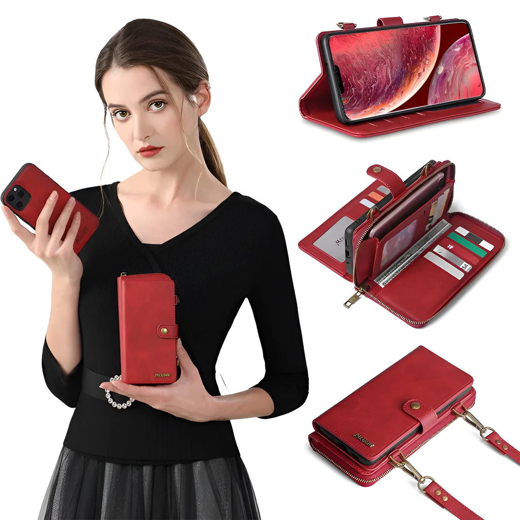 Leather-style flip phone case with detachable magnetic wallet backpack in black, blue, brown, or red