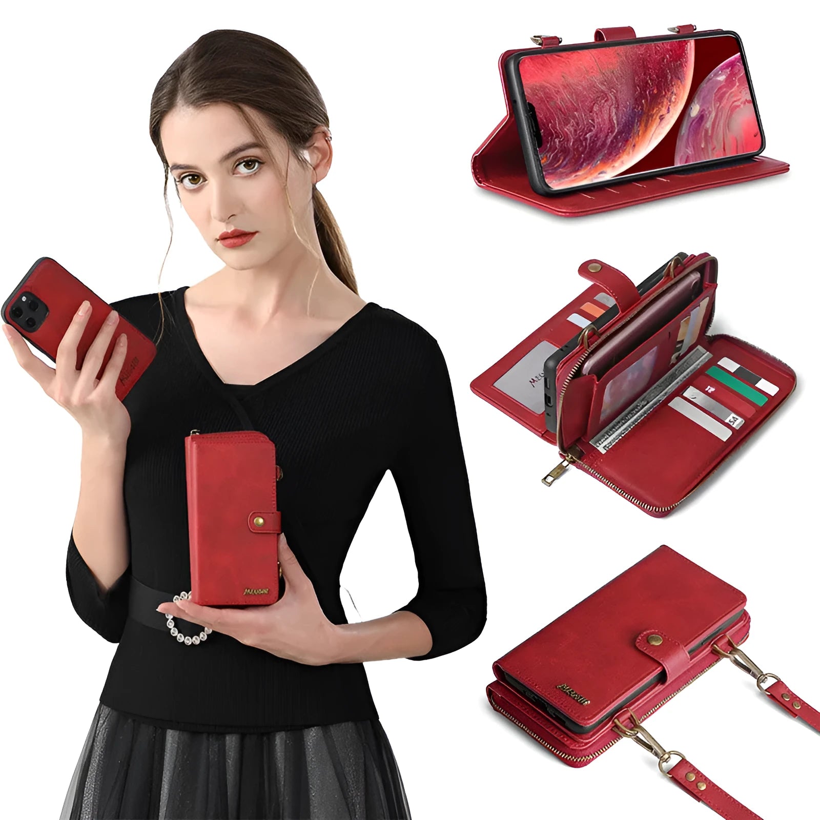 Leather-style flip phone case with detachable magnetic wallet backpack in black, blue, brown, or red