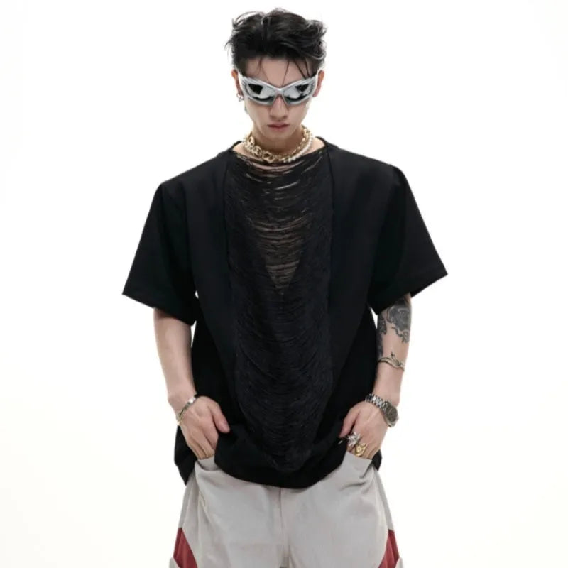 Men's black V-neck loose fit t-shirt with short sleeves and three-dimensional cutting