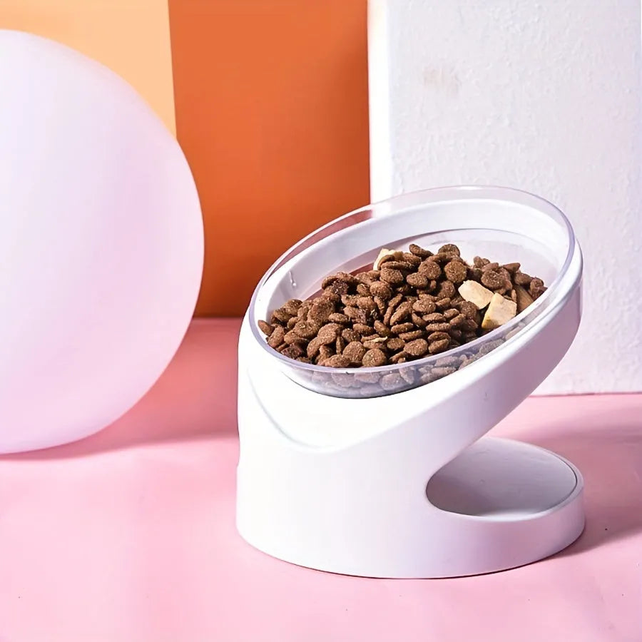 Clear white elevated cat food bowl with ergonomic tilt design for neck protection