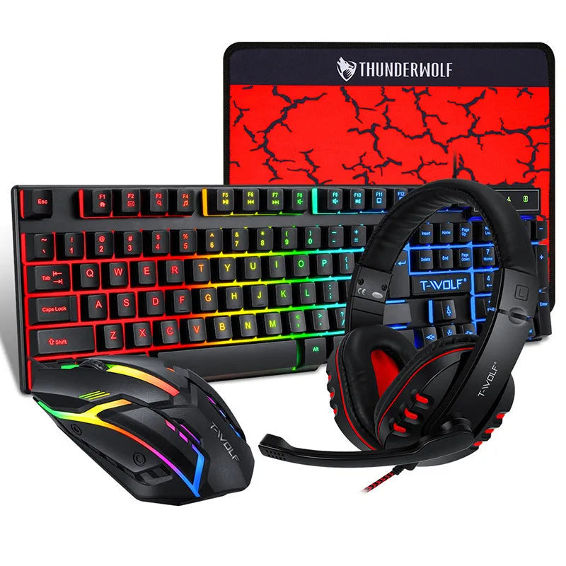 Thunder Wolf gaming keyboard and mouse set with luminous keyboard, optical mouse, headset and large mouse pad