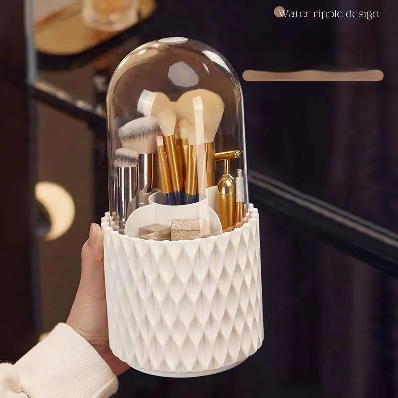 White acrylic makeup brush storage box with transparent dust cover and rotating design