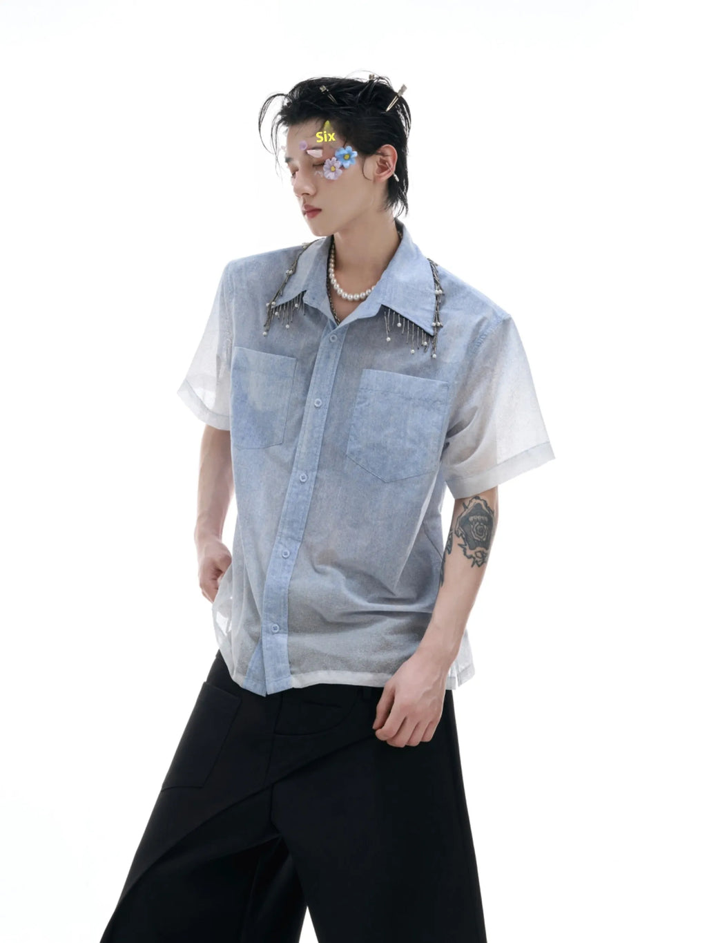 Blue and white gradient men's short sleeve shirt with loose fit for summer casual wear