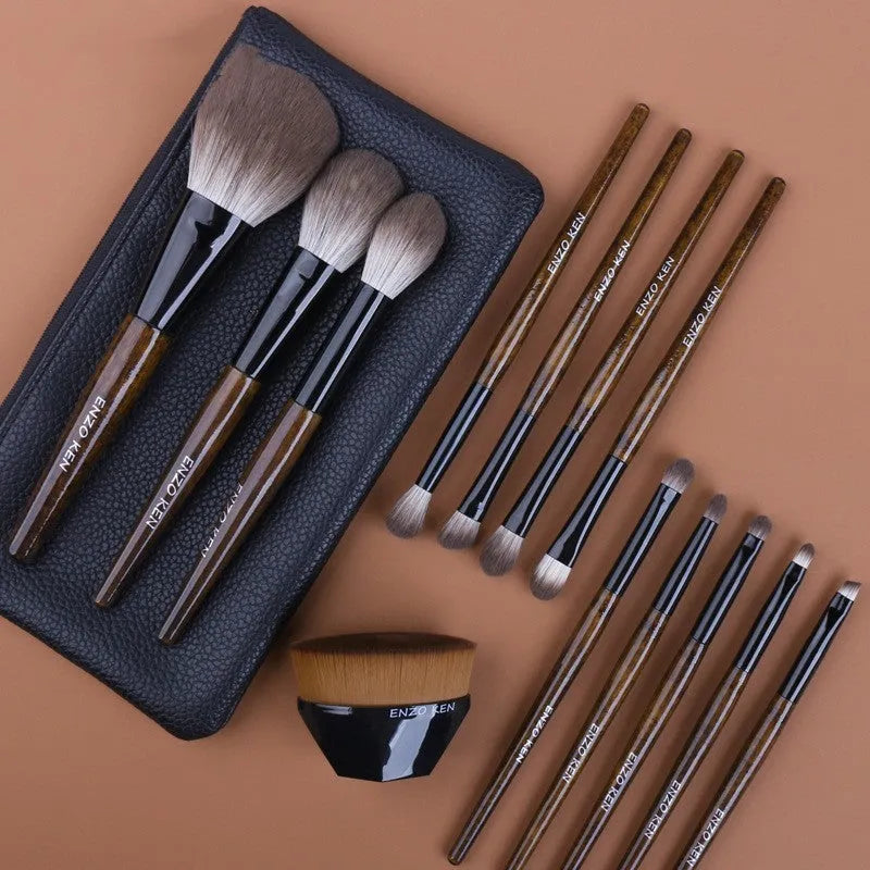 12-piece makeup brush set with synthetic bristles and wooden handles in PU travel roll