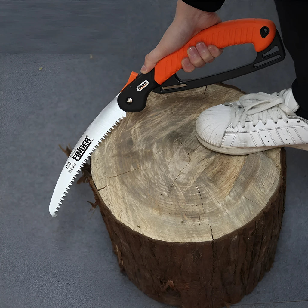 Folding garden saw with 230mm steel blade and textured TPR handle, shown open and closed