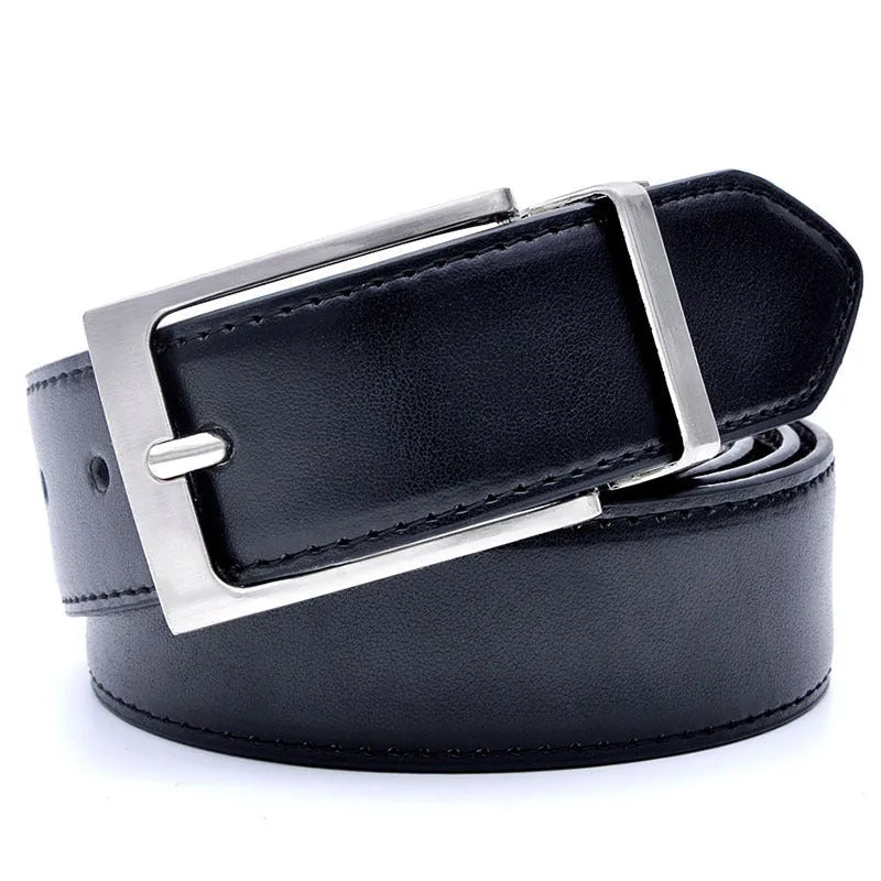 Men's brown black genuine leather belt with a silver alloy rotating pin buckle.