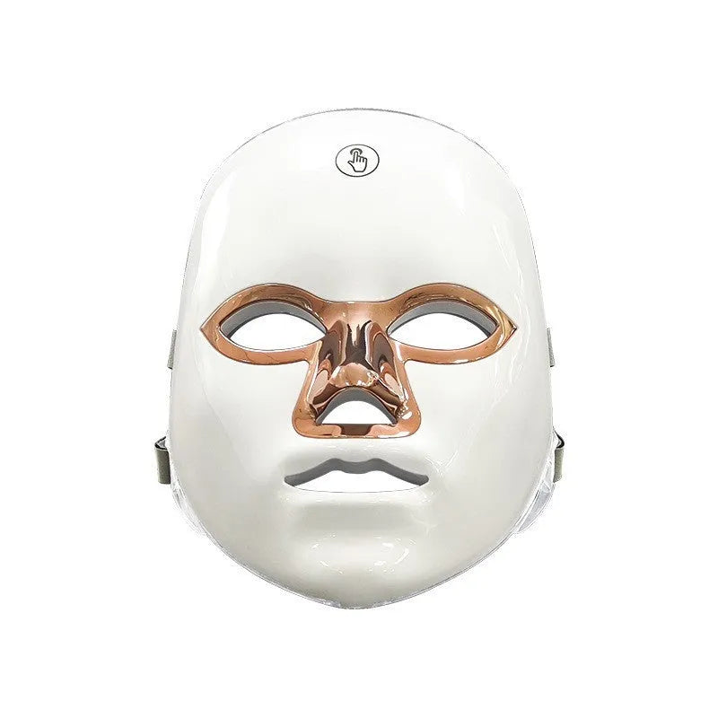 White rechargeable LED beauty mask with manual touch controls for facial skin treatment