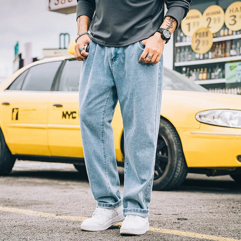 Men's loose straight jeans in dark blue, light blue and grey colour options