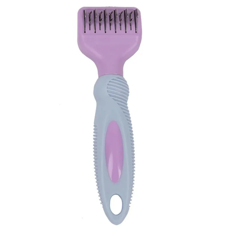 Pink stainless steel pet comb with integrated knot knife for grooming dogs and cats.