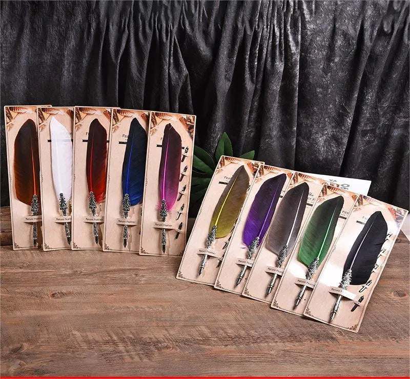 Vintage feather dip pen with zinc alloy shell in a choice of ten colours on a desk.