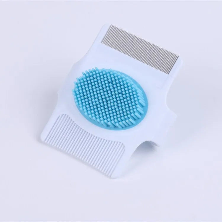 Blue and green multifunctional pet comb for dog grooming, showing compact 8.5cm size.