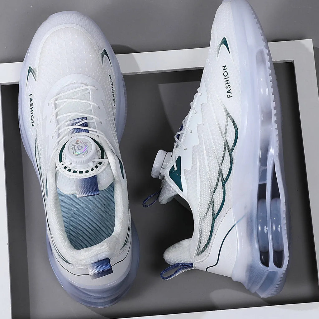 Men's white low-top casual running shoes with a rotating button lace system and mesh upper.