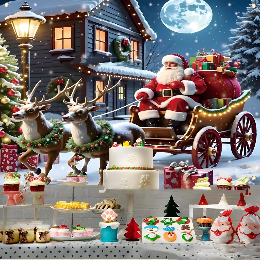 Christmas banner with Santa Claus and night gift design on white background, 210x150cm polyester fabric.