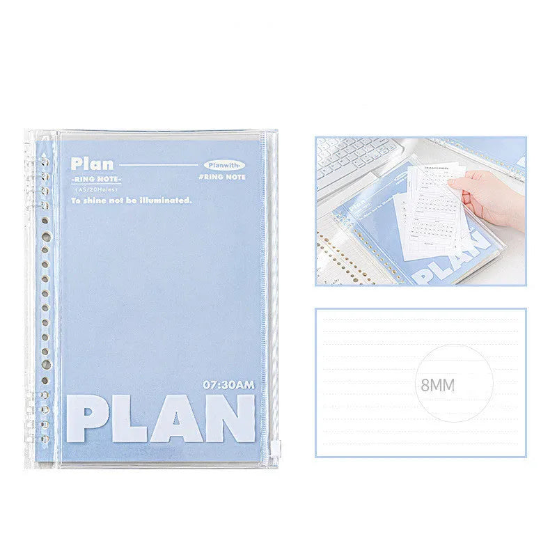 A5 size PVC spiral notebook in blue or white with a loose wire binding.
