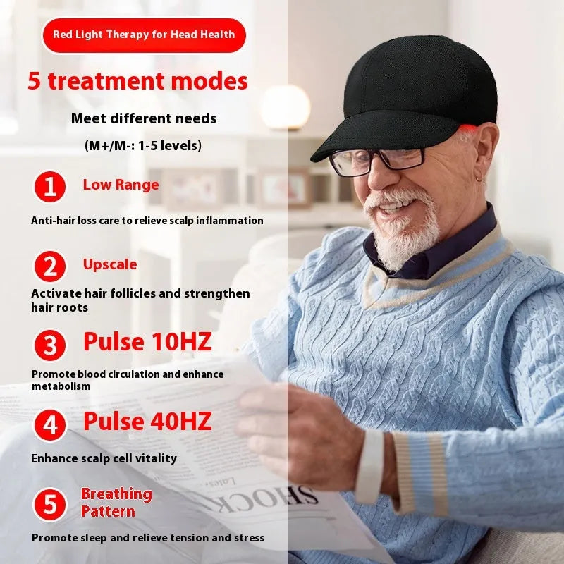 Black infrared peaked cap hair growth device with 180 LED lights and controller
