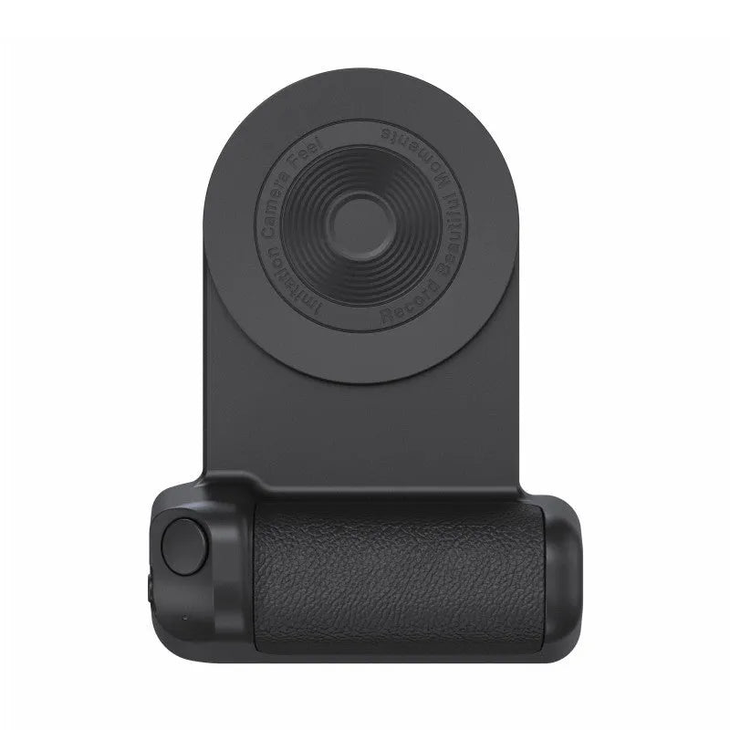 Black 3-in-1 magnetic phone camera holder with ergonomic handle on a wooden table.