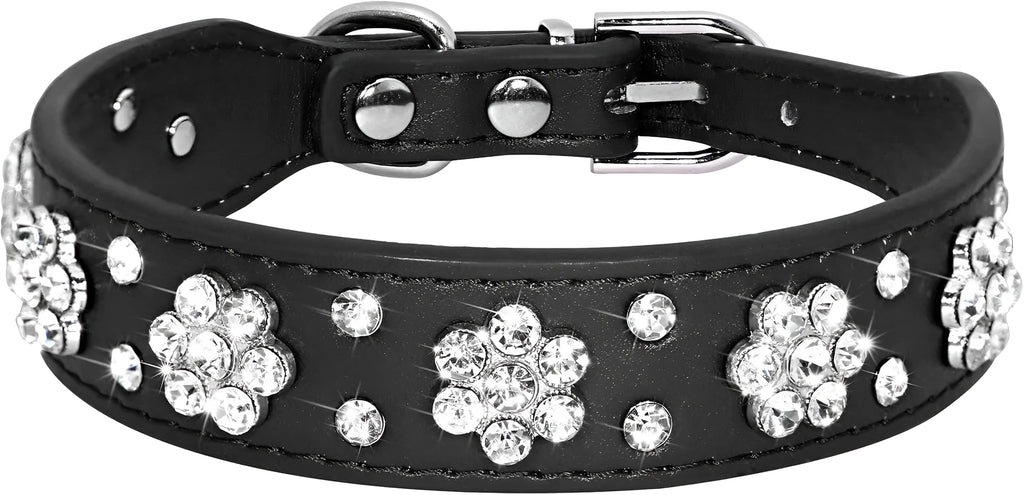 Soft black PU leather dog collar with a sparkling rhinestone flower pattern and metal studs