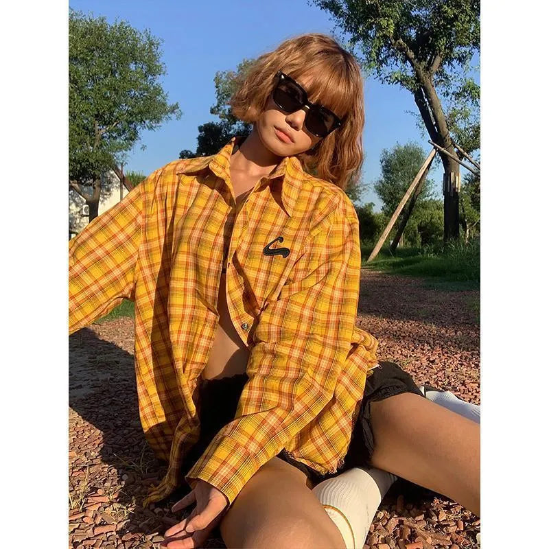 Yellow dopamine pattern plaid shirt with loose cardigan fit on hanger