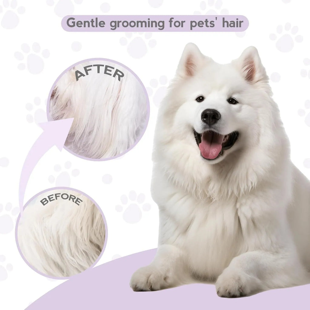 Purple handled pet grooming comb with stainless steel teeth for detangling dog and cat hair.