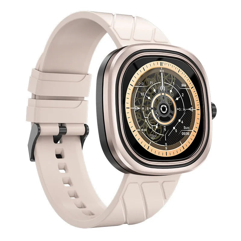 Square pink Bluetooth smartwatch with silicone strap and colour touchscreen on a wrist.
