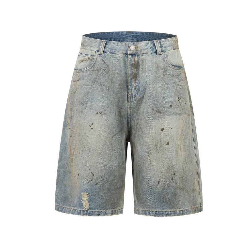 Men's washed blue cropped denim jeans with straight leg and zipper fly