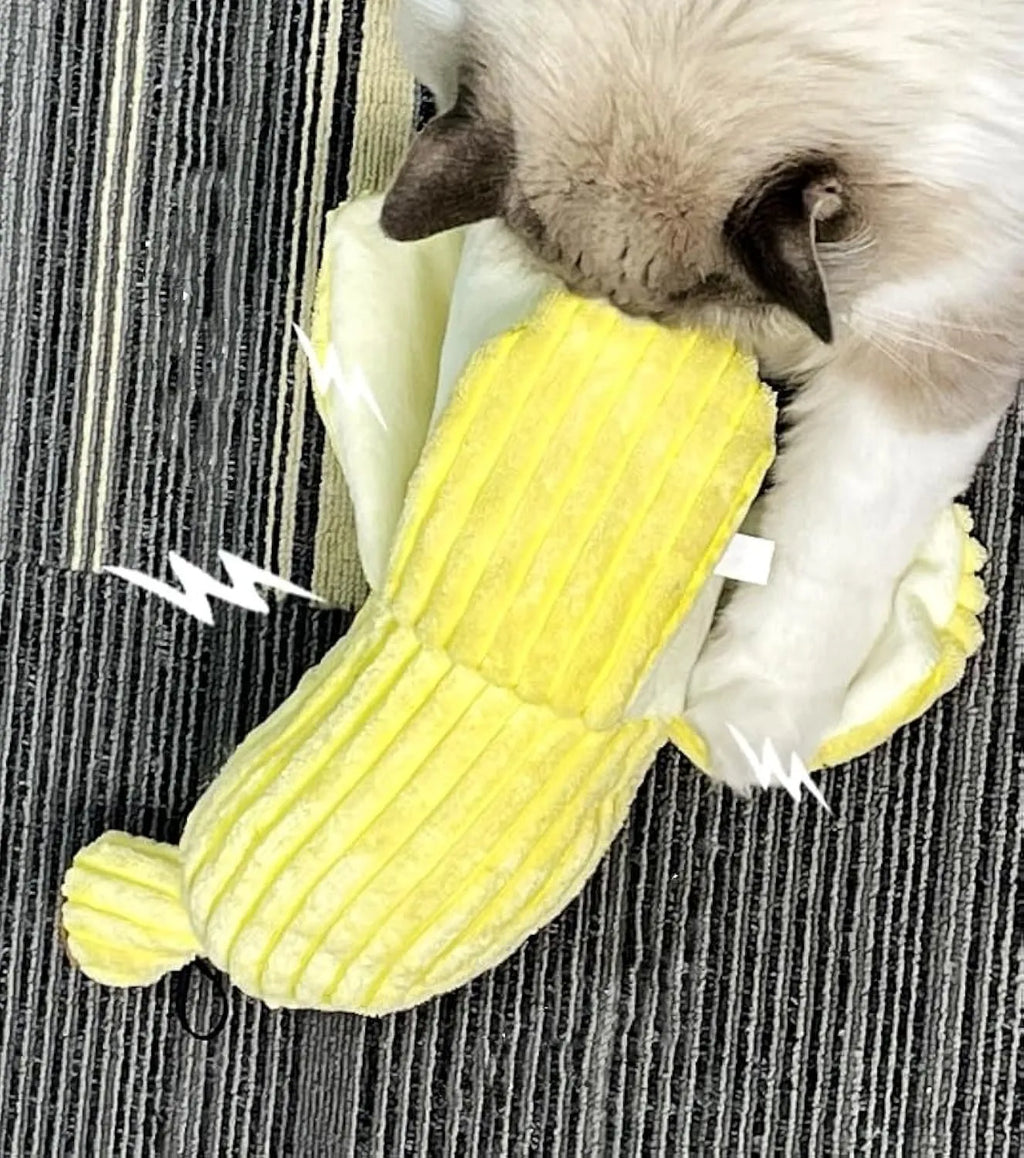 Yellow banana-shaped plush cat toy with crinkle paper and textured strip