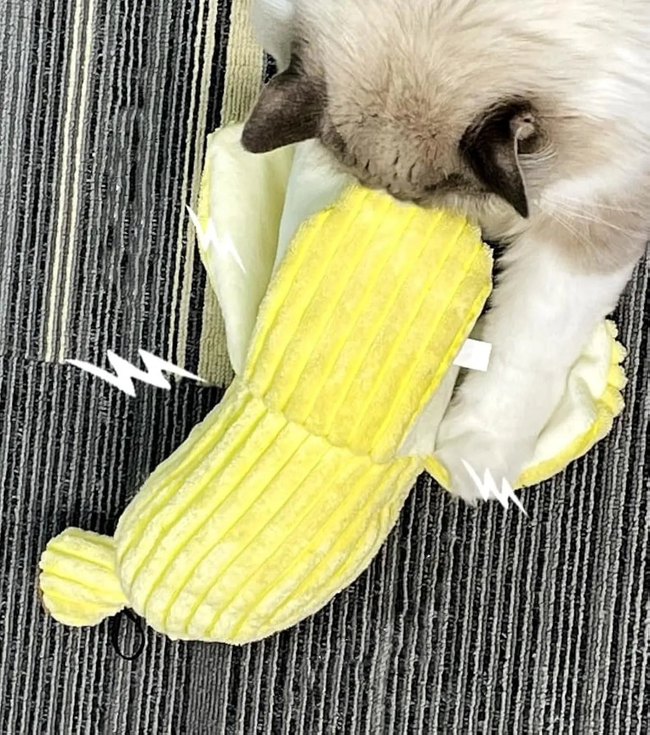 Yellow banana-shaped plush cat toy with crinkle paper and textured strip