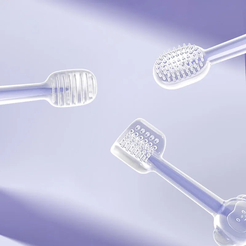 Soft silicone pet toothbrush for dogs and cats in blue, green, and purple colours.