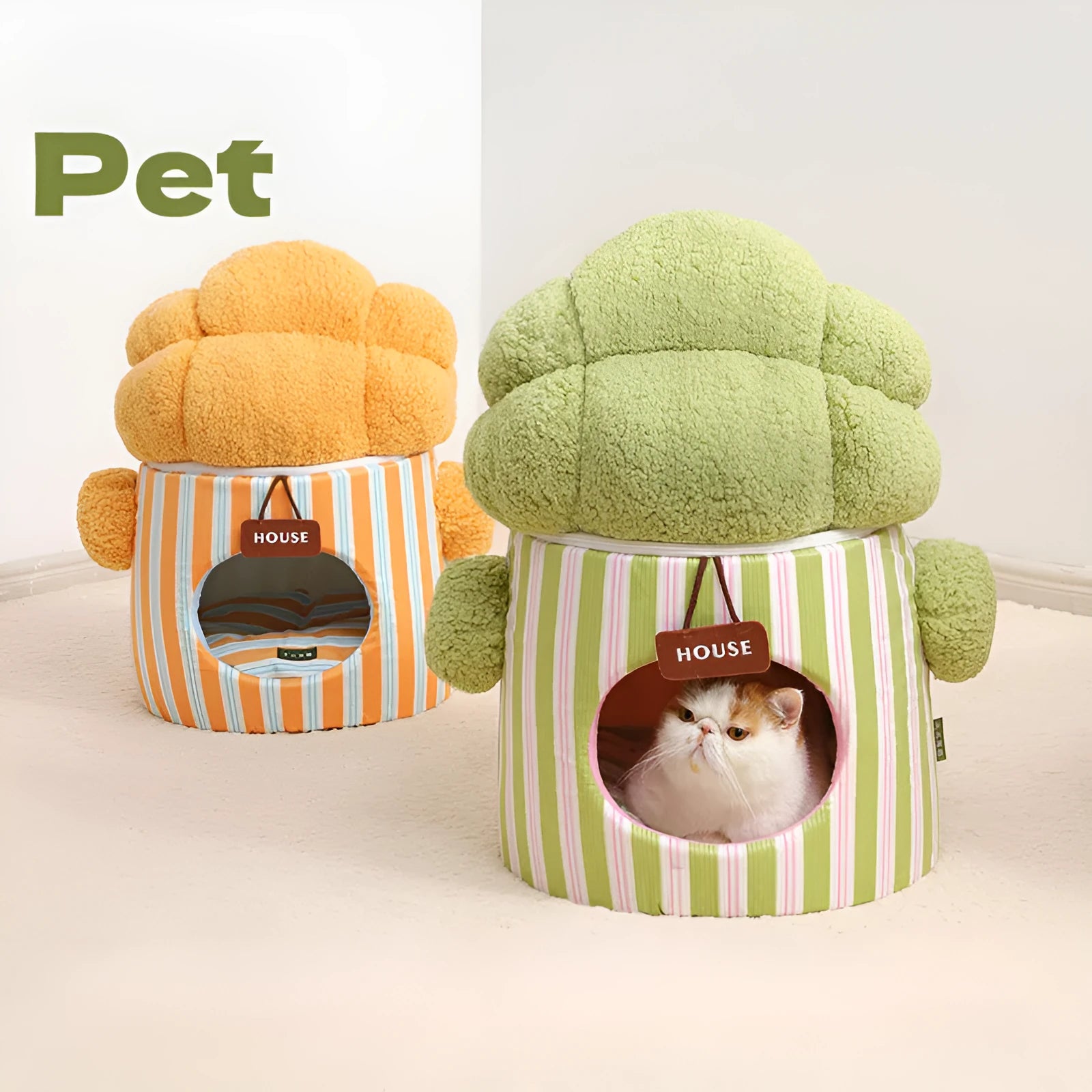 Creative cauliflower tree hole enclosed pet bed in plush material for cats and small dogs, green colour