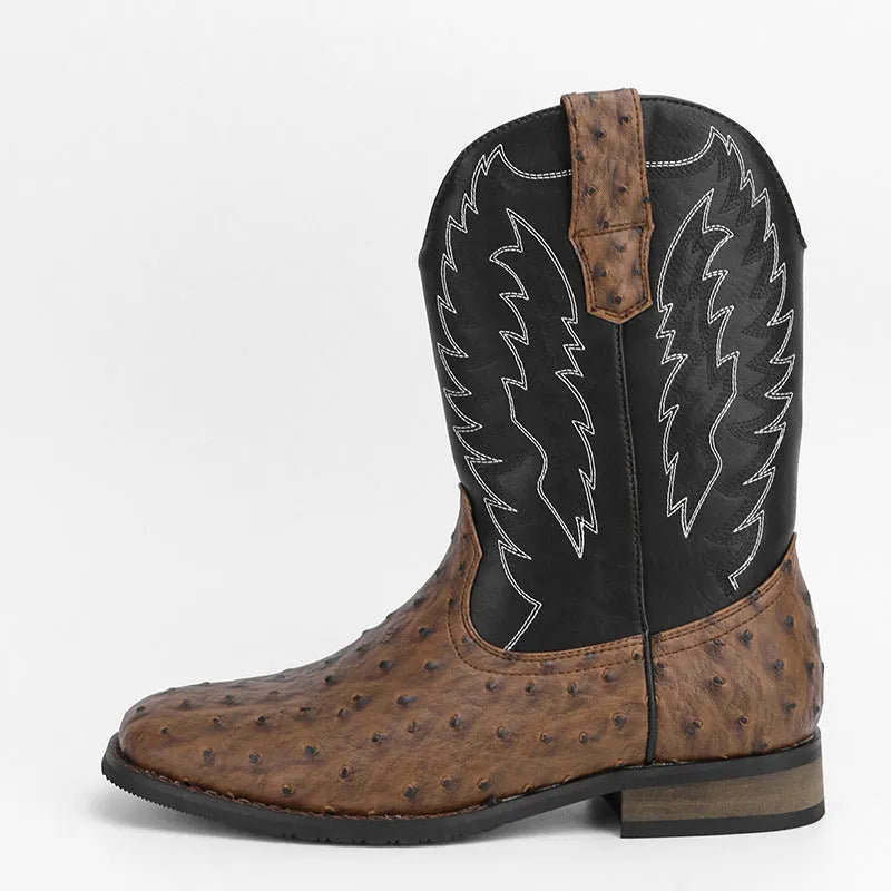 Men's Western denim square toe motorcycle boots with embroidery, black artificial leather upper, rubber sole, low heel