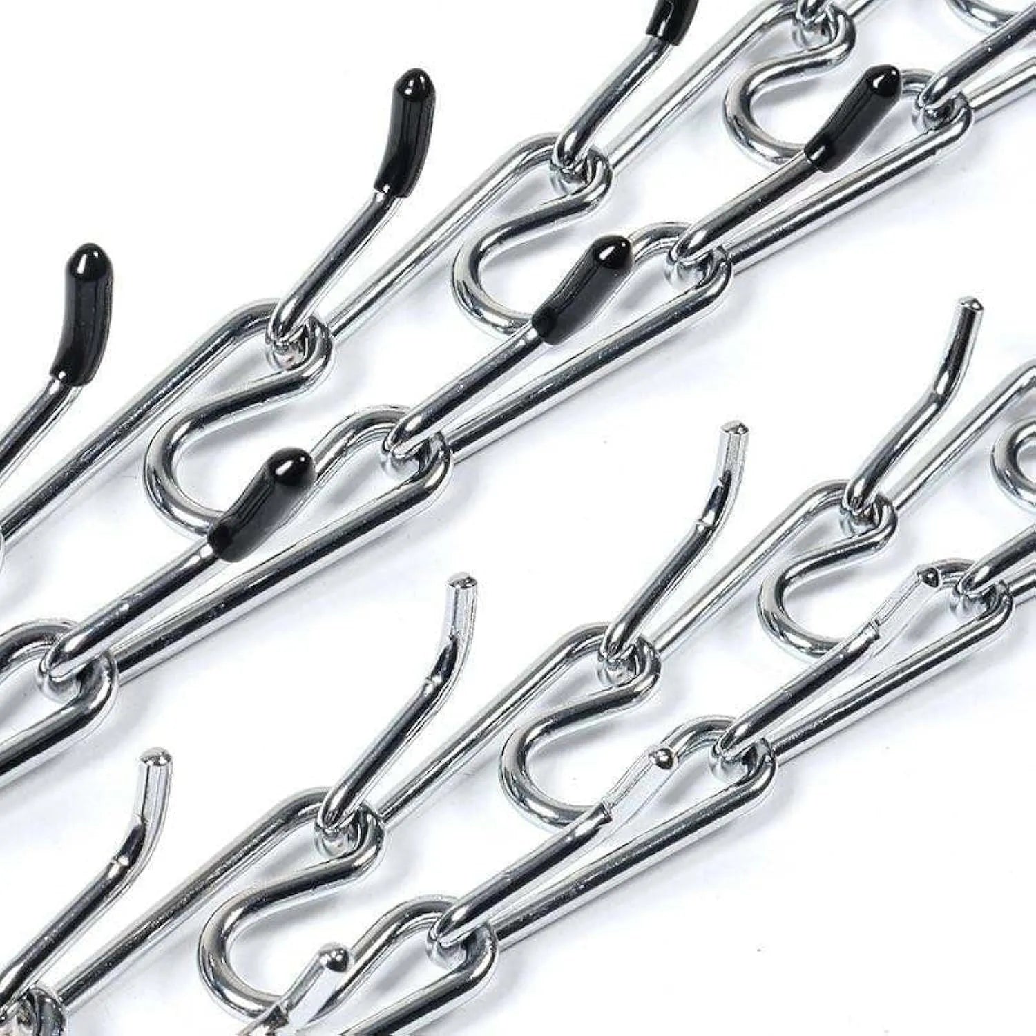 Stainless steel dog training pinch collar with adjustable links and black rubber tips on the prongs.