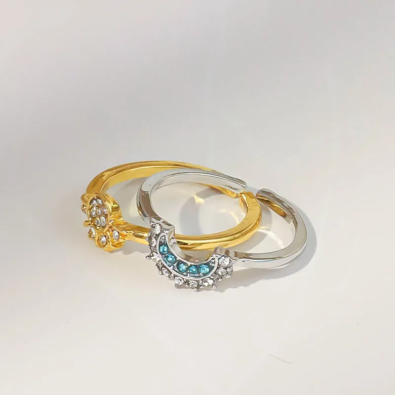 Sun And Moon diamond-studded alloy geometric couple ring set with sun and moon motifs