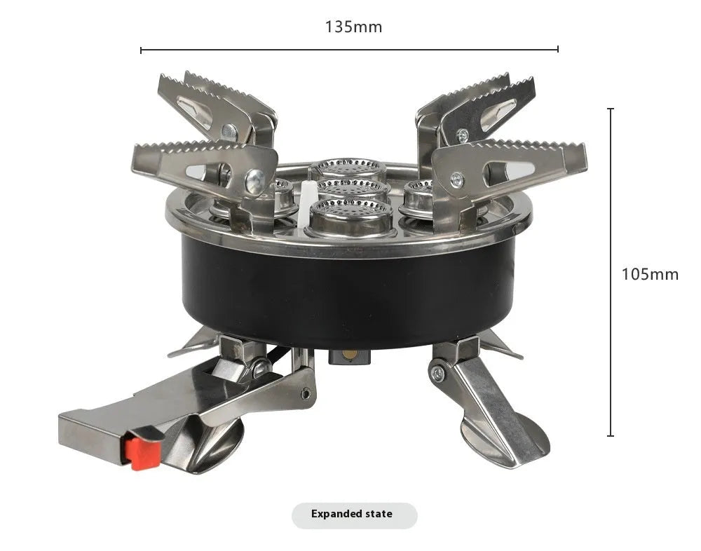 Silver portable split camping stove made of stainless steel and copper, shown in folded position.