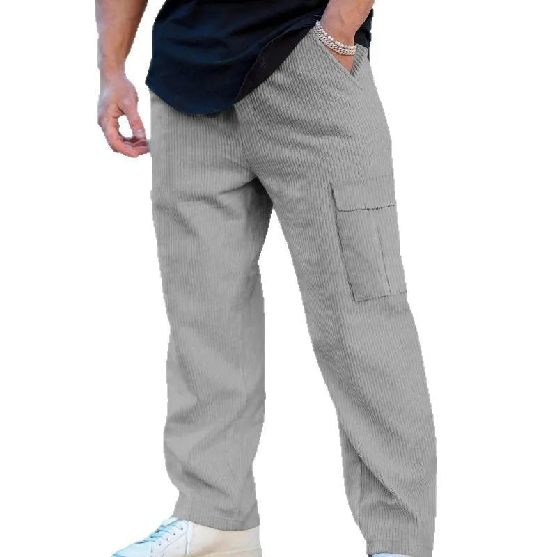 Men's straight-leg corduroy cargo trousers in navy blue with an elastic drawstring waist.