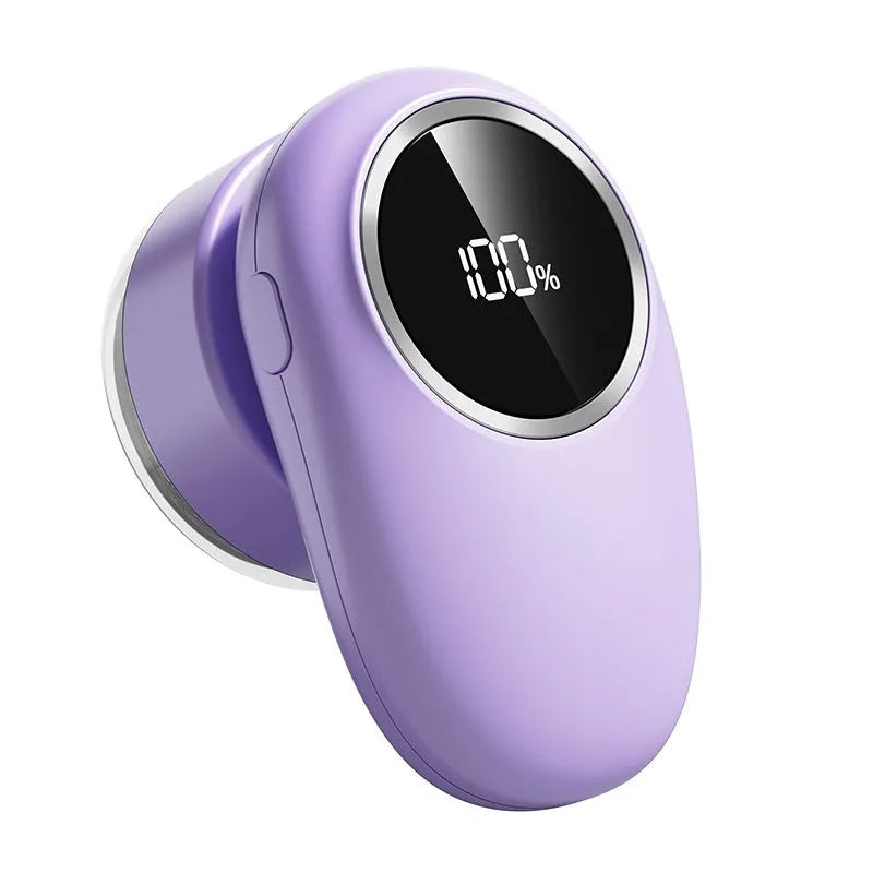 Digital fur ball trimmer with lint roller in beige or purple colour with removable cutter heads