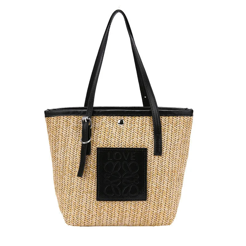 Women's woven straw shoulder bag with three-dimensional pocket in European American retro style