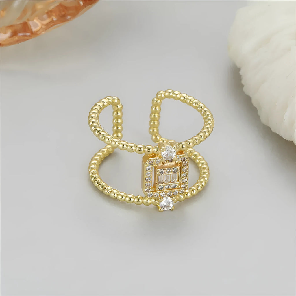 Copper open ring with 14K gold plating, adjustable opening, and asymmetric U-shaped design