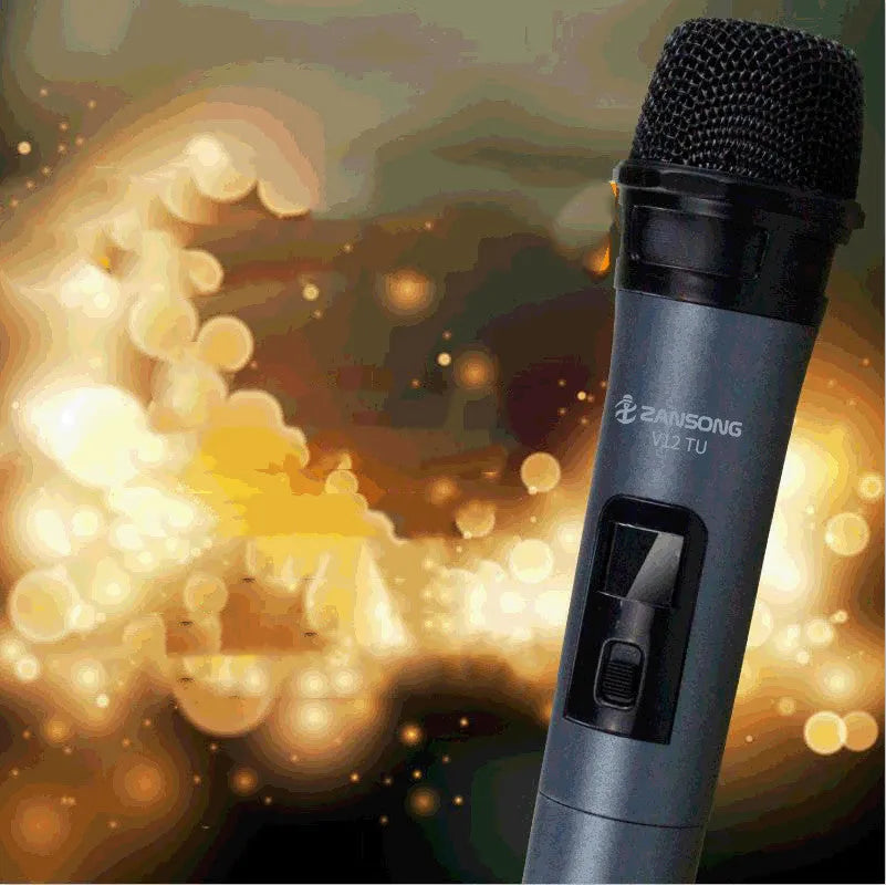 Black ZANSONG V12 dynamic wireless handheld microphone with USB receiver and audio cable.