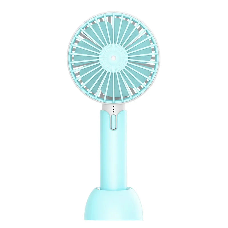 Blue handheld mini USB electric fan with three speed controls and oscillating head