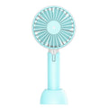 Blue handheld mini USB electric fan with three speed controls and oscillating head