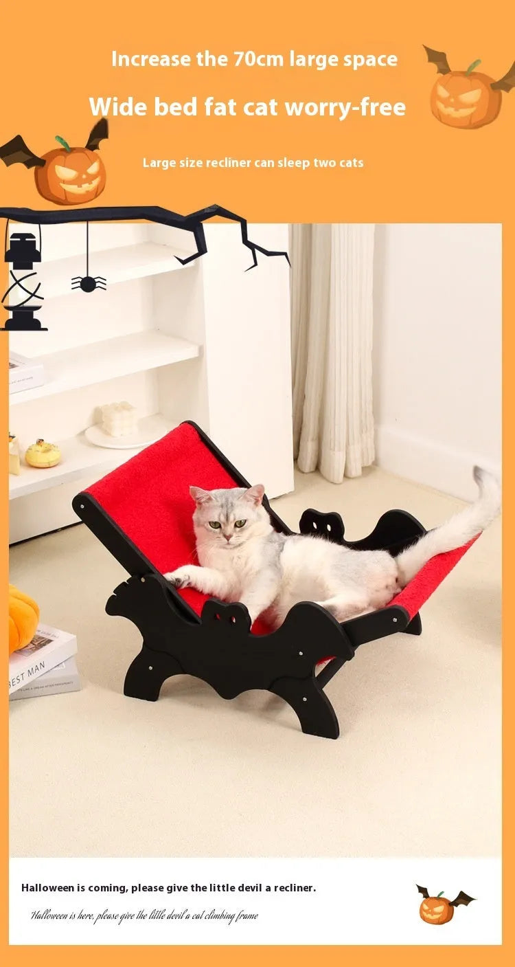 Black and red bat-shaped wooden cat recliner bed with Halloween theme